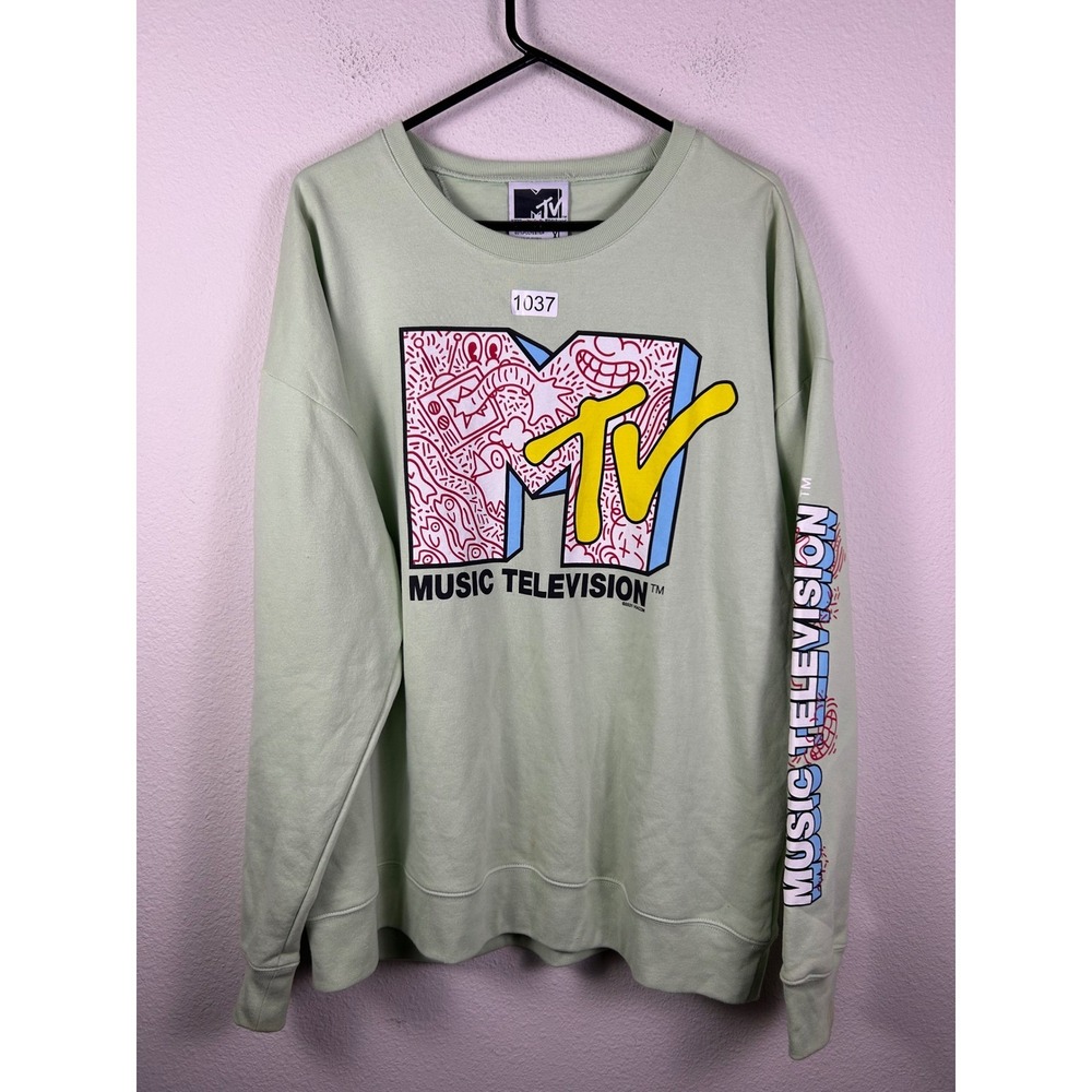 MTV Music Television Graphic Sweatshirt Sage Green Mens XL Crewneck Pullover